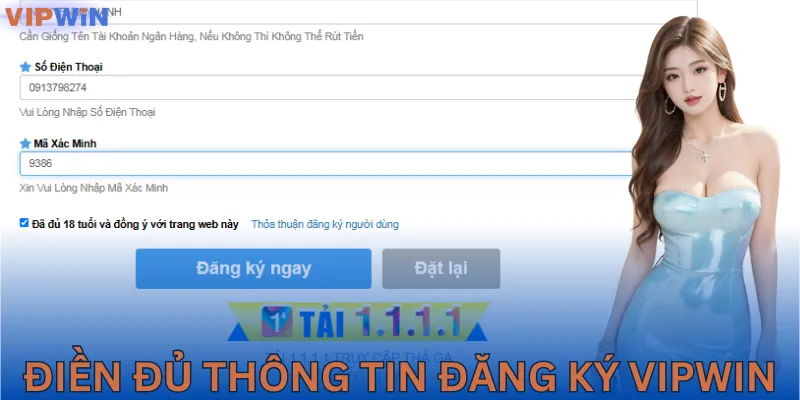 Điền đủ thông tin để hoàn tất đăng ký VIPWIN